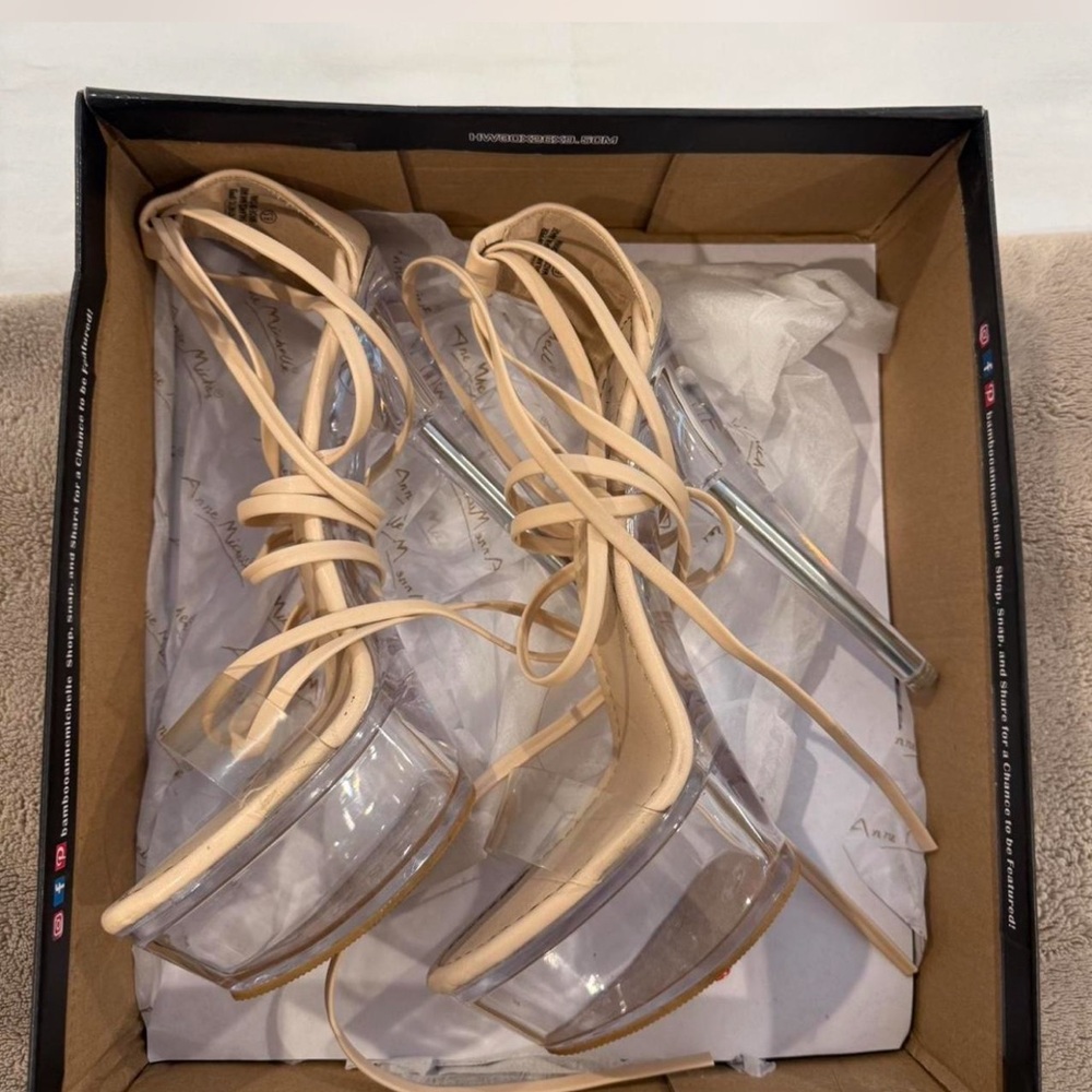 Fashion Nova Clear and Tan Strappy Heels